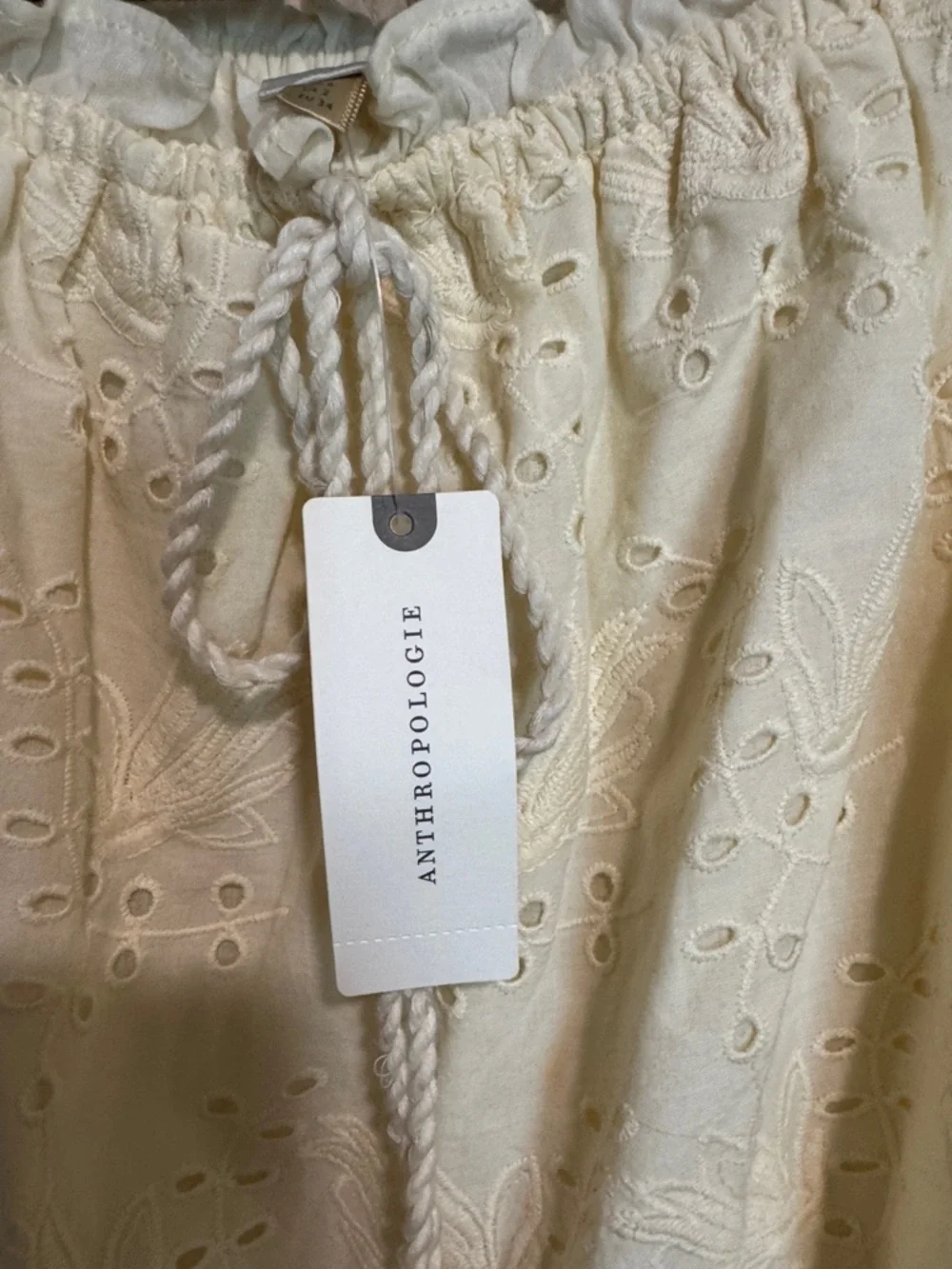 Anthropologie Cream Eyelet Off-Shoulder Peasant Blouse with Tassel
